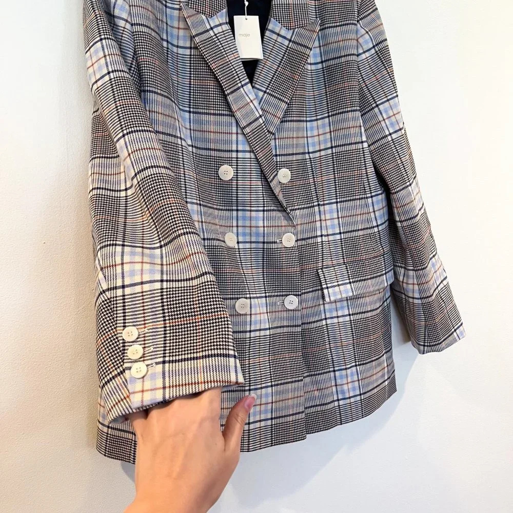 Maje Gray Plaid Academia Preppy Designer Classic Collared Blazer 42 NWT - Picture 6 of 10
